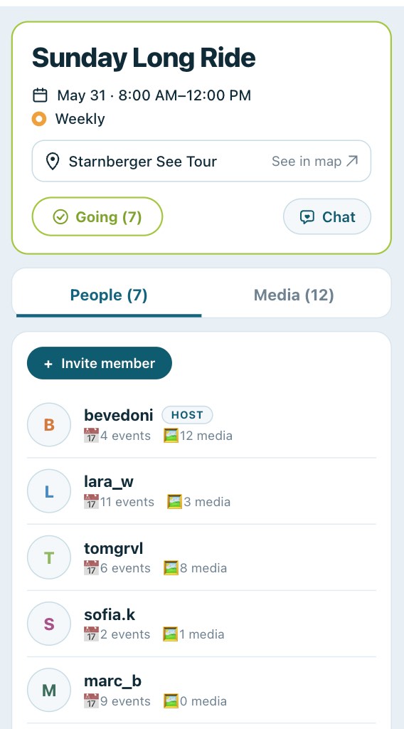 RSVP-Oberfläche in der Active Club App