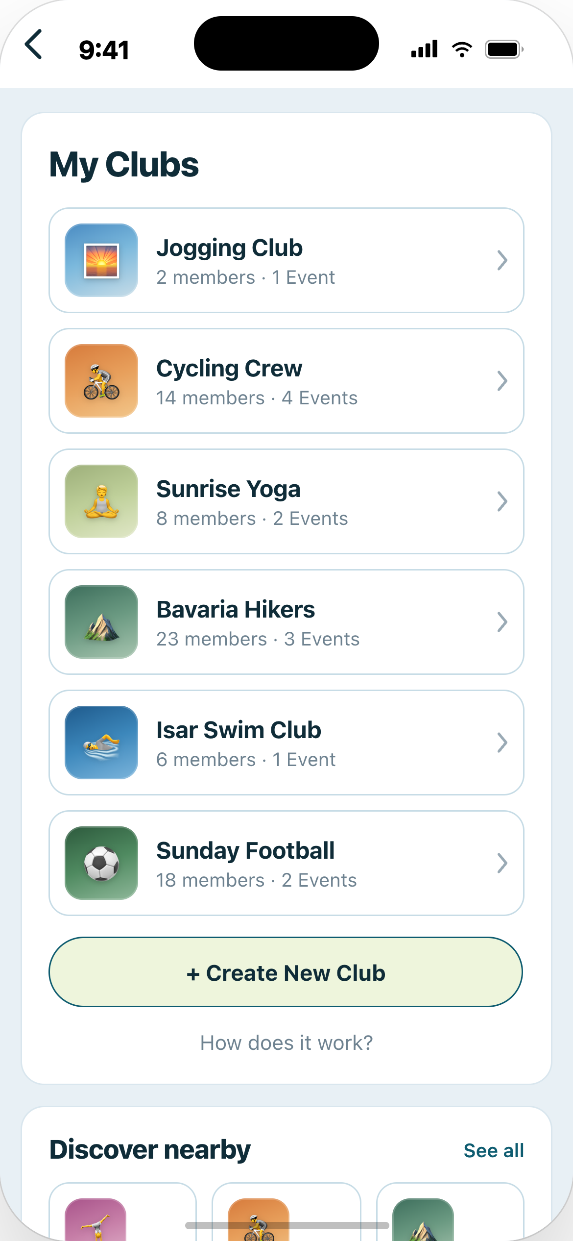 Meine Clubs – Übersicht in der Active Club App